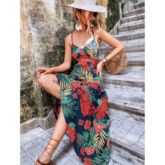 Tropical Maxi Dress Flared Open Back Criss Cross Ties Straps Red on Black - Picture 6 of 7